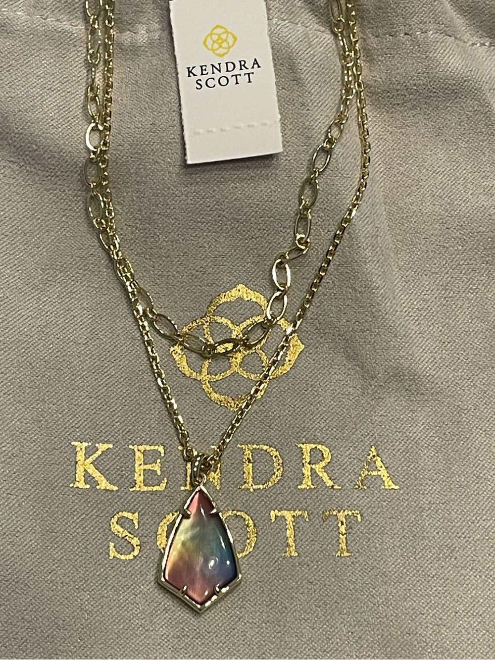 Kendra Scott Camry Multi strand Gold Layered Necklace with Iridescent Pendant